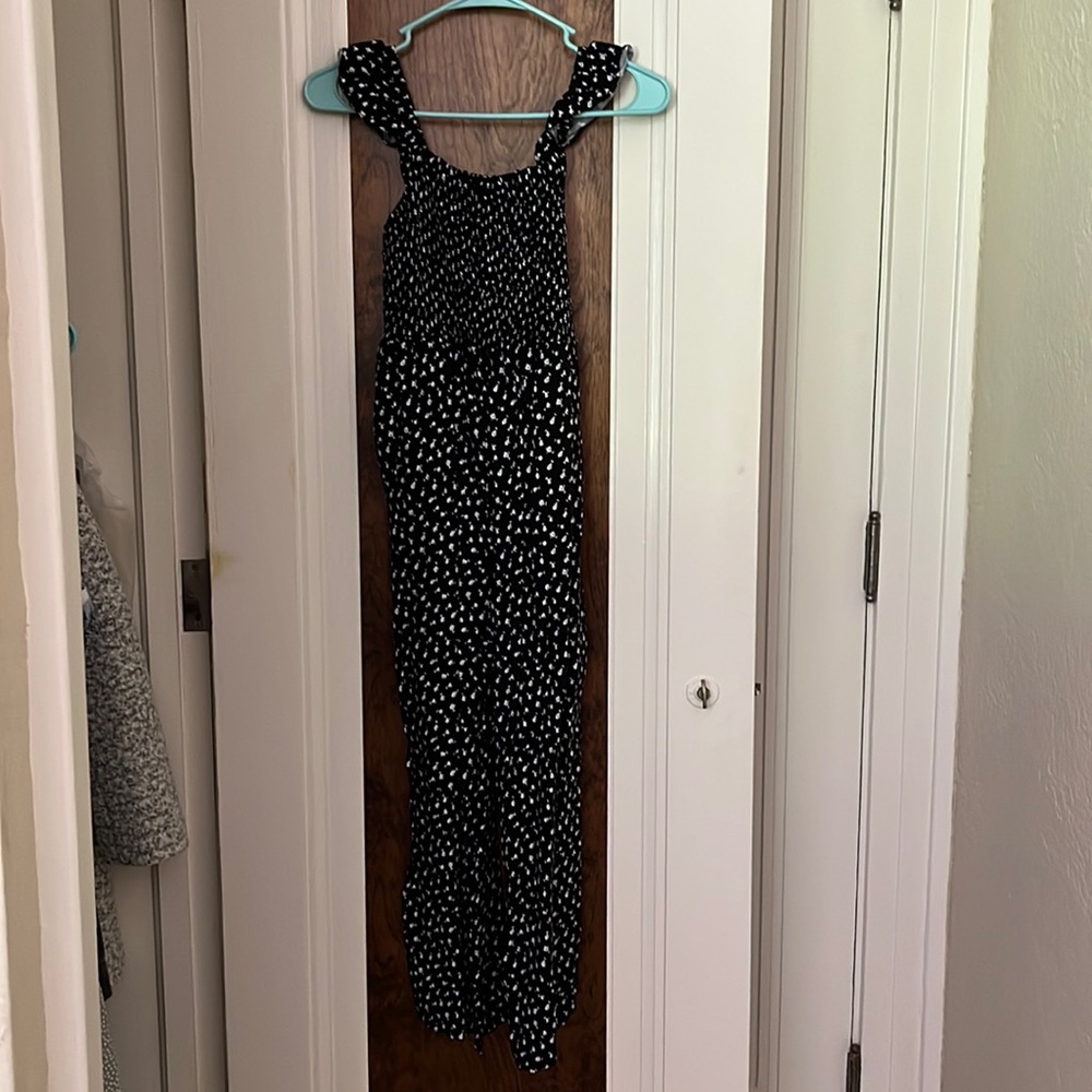 Loft black and white smocked jumpsuit with pockets